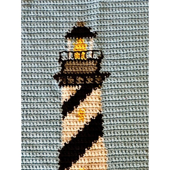Vintage crocheted blanket with lighhouse scene 68" x 43" - Picture 7 of 7